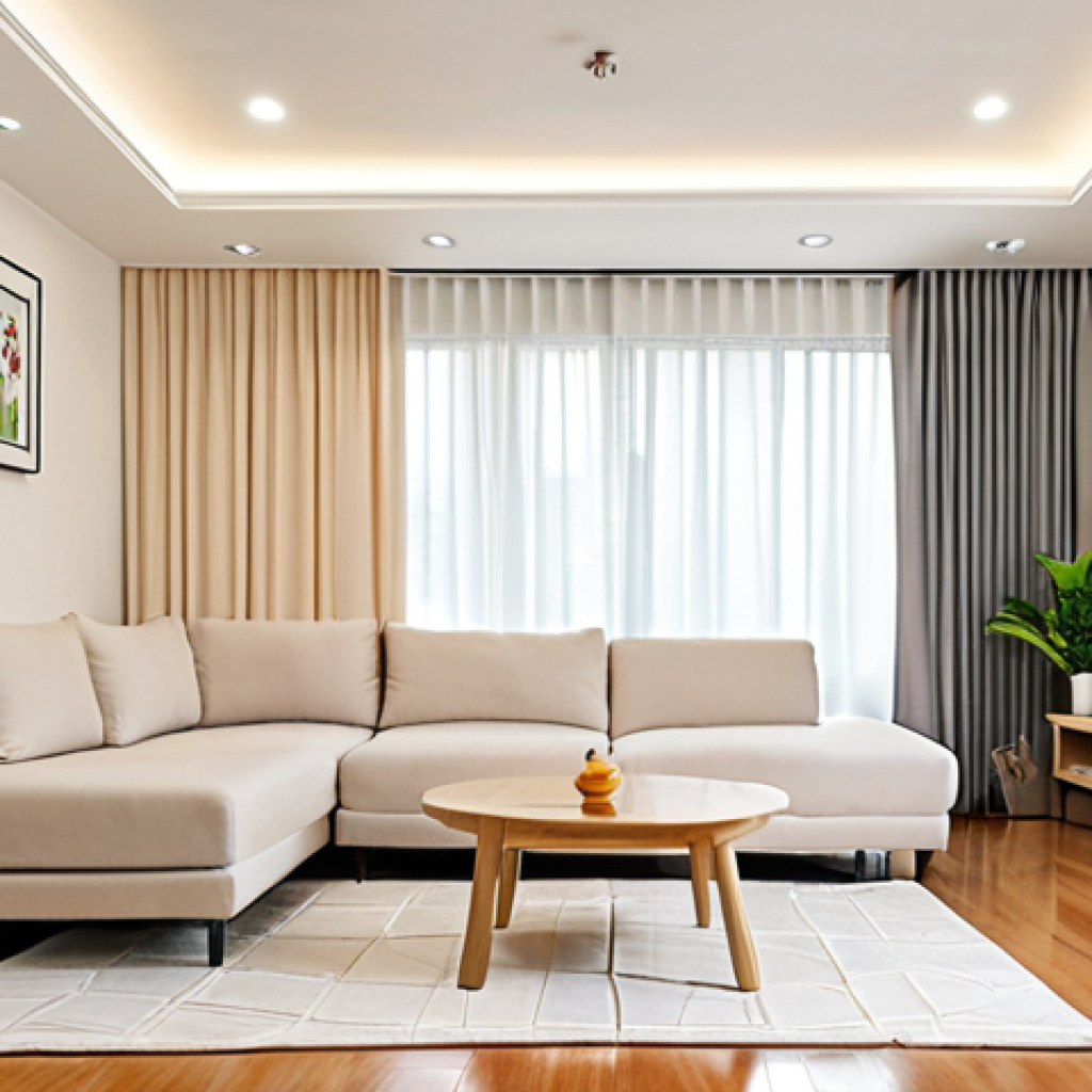 **Decluttered minimalist home interior:** A bright and airy living room in a Malaysian home, featuring only essential furniture, light-colored walls, and minimal decorations. Focus on creating a sense of peace and spaciousness, reflecting a stress-free environment.