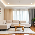 **Decluttered minimalist home interior:** A bright and airy living room in a Malaysian home, featuring only essential furniture, light-colored walls, and minimal decorations. Focus on creating a sense of peace and spaciousness, reflecting a stress-free environment.