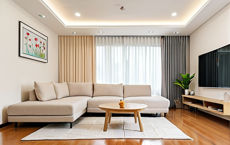 **Decluttered minimalist home interior:** A bright and airy living room in a Malaysian home, featuring only essential furniture, light-colored walls, and minimal decorations. Focus on creating a sense of peace and spaciousness, reflecting a stress-free environment.